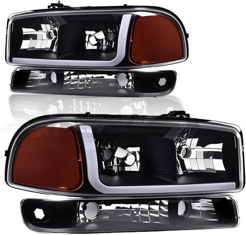 PIT66 LED Headlight Assembly, Compatible with 1999-2007 GMC Sierra, Fit 1999-2006 GMC Yukon, Replacement Headlamps Clear Lens Black Housing Amber Reflector - Image 1